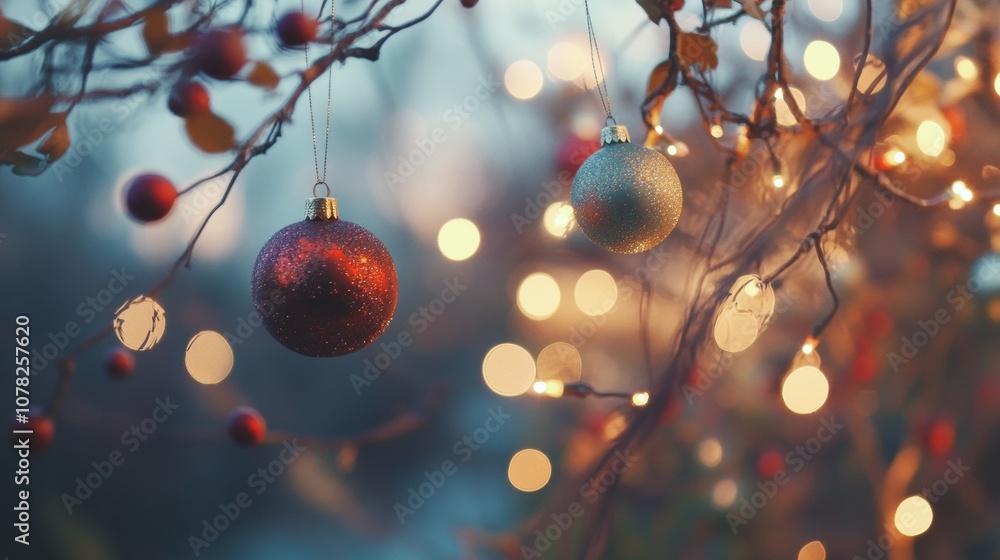 Poster brightly colored ornaments dangle from branches, illuminated by soft lights, creating a festive atmo