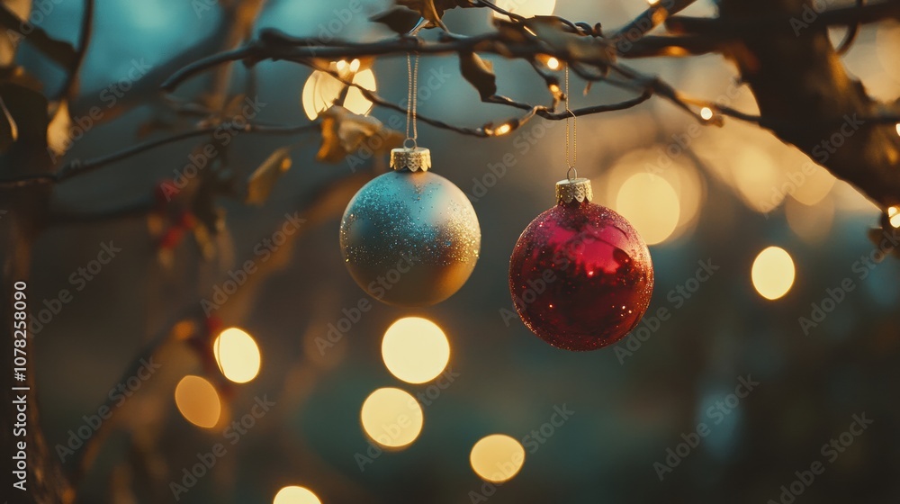Aufkleber two vibrant christmas ornaments dangle from a branch, glowing softly alongside warm twinkling lights
