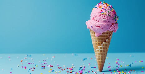 Pink Ice Cream Cone with Sprinkles on a Blue Background