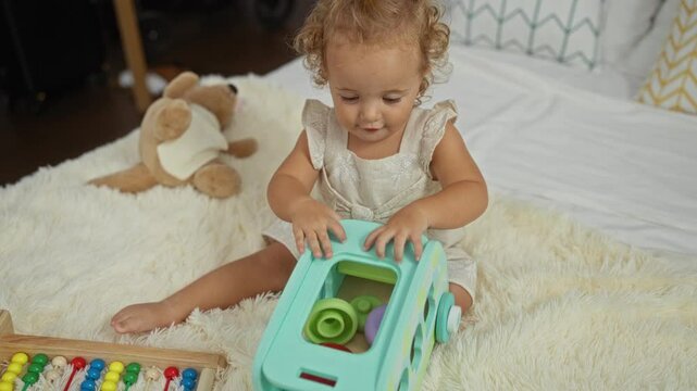 Adorable toddler girl playing with toys on bed in cozy indoor bedroom setting