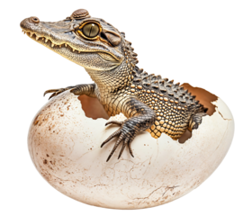 Baby Crocodile Hatching from Egg on Transparent Background, Ideal for Wildlife Education, Reptile Conservation, and Nature Resources