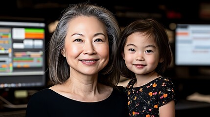 Grandmother and granddaughter share a joyful moment in a modern workspace setting