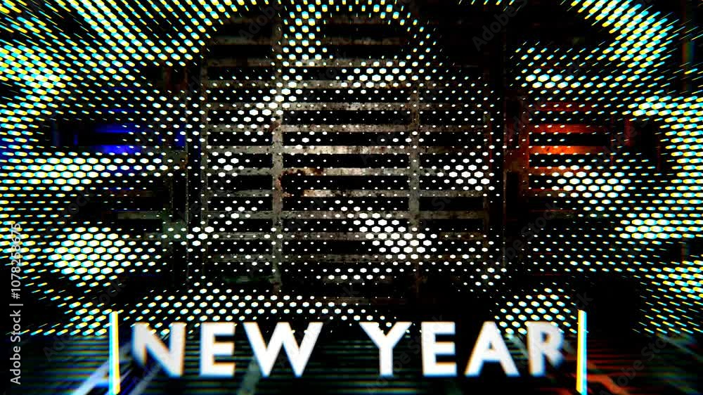 Poster Futuristic 3D animation of the date of the 2025 new year and the text that is periodically formed from a variety of hexagons in the background. Loop 3d New Year's animation. The future and the past.