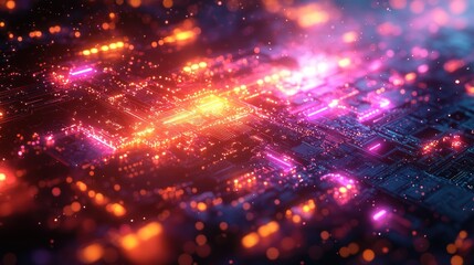 Abstract digital landscape with glowing circuits and vibrant colors.