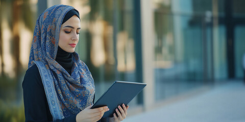 picture of young indian, arabic or middle eastern israel businesswoman holding a tablet. digital computer.. woman using tablet pc application for online remote work at office business building outdoor