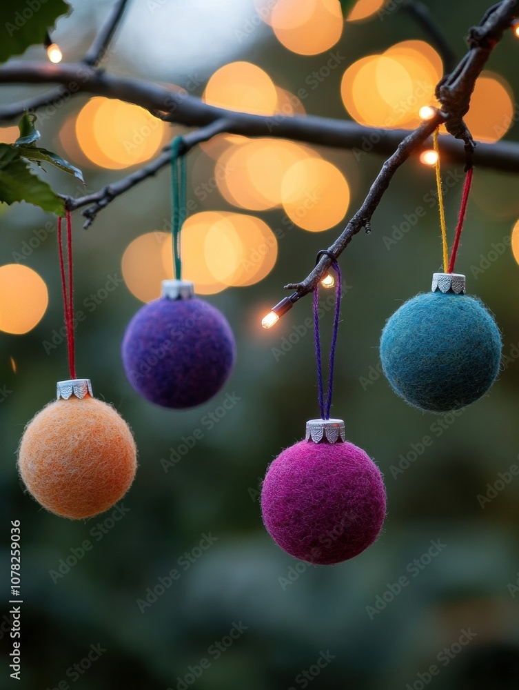 Aufkleber brightly colored felt ornaments dangle from a branch, glowing warm lights creating a cheerful holida