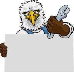 An eagle handyman, mechanic, plumber or other construction cartoon mascot man holding a wrench or spanner tool.
