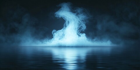 A dark, mysterious night scene with a water surface glowing neon. Smoke swirls above, while spooky white light shines from beneath the water.  A misty fog adds to the eerie atmosphere.