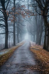 Serene Misty Pathway Through Tall Trees in Autumn, Inviting Exploration into the Foggy Unknown, Capturing Natures Tranquil Beauty and Mystery.