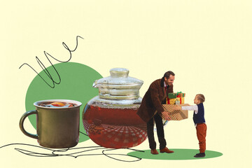 Heartwarming scene with father and son exchanging gifts beside cozy teapot and cup of holiday tea. Family warmth and Christmas spirit. Contemporary art collage. Concept of winter holidays, hot drinks