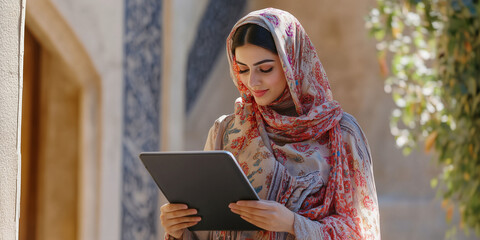 picture of young indian, arabic or middle eastern israel businesswoman holding a tablet. digital computer.. woman using tablet pc application for online remote work at office business building outdoor