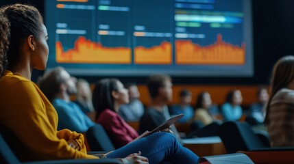 Woman listening intently to a presentation with graphs displayed on the screen