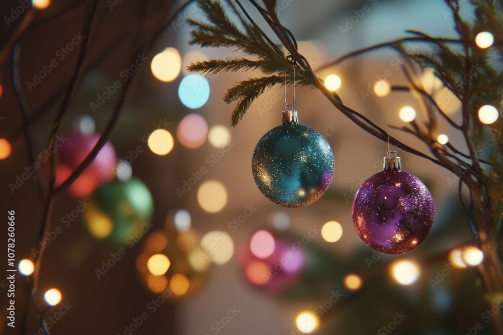 Poster brightly colored ornaments dangle gracefully from a pine branch, illuminated by warm, twinkling ligh
