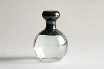 A perfume bottle with a black lid against a simple backdrop