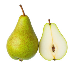 Fresh green pear whole and sliced, showcasing vibrant colors and natural textures