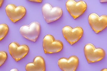 Light gold hearts on a soft lavender gradient background.