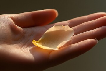 Delicate Yellow Petal Cradled in a Gentle Hand Capturing the Essence of Nature's Beauty and Softness in a Serene and Tranquil Moment of Reflection