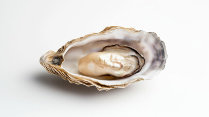 Close-up view of an open oyster shell with a shiny pearl inside on a white background.