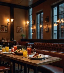 A dinner table with foods and soft drinks in a restaurant