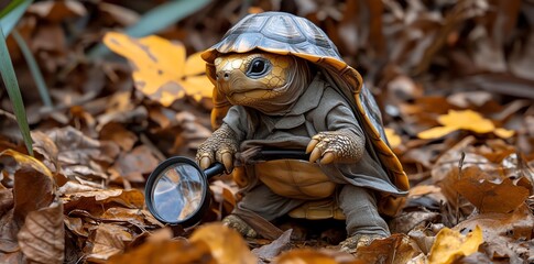 Obraz premium A small turtle in a detective costume with a magnifying glass in its hand, looking down at a pile of fall leaves.