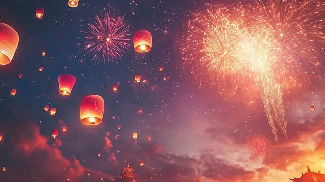 Magical anime sky with floating lanterns and colorful fireworks