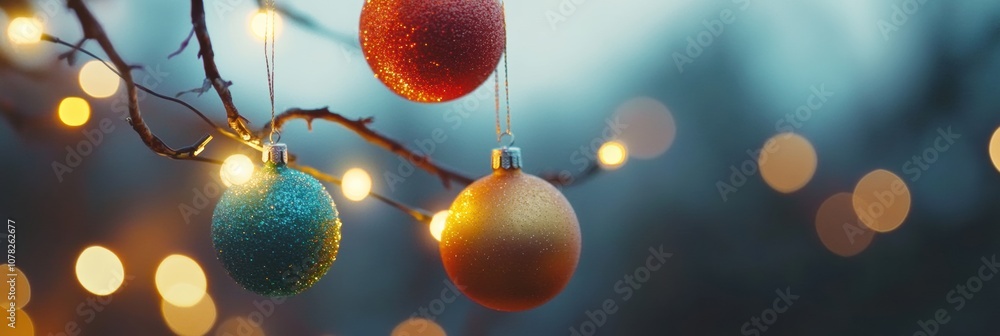 Poster brightly colored christmas ornaments dangle from a tree branch, illuminated by soft, shimmering ligh