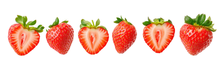 Fresh strawberries cut in halves displaying vivid red fruit