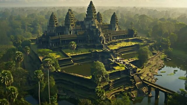 Angkor Empire: A bird&rsquo;s-eye view of Angkor Wat surrounded by dense jungle and its vast moat, with temples peeking through, connected by ancient roads and bridges.