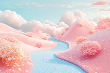 Fototapeta premium Surreal Dreamy Landscape with Soft Pink Hills, Delicate Trees, and Flowing Blue Stream Under Bright Sky with Clouds and Gentle Lighting