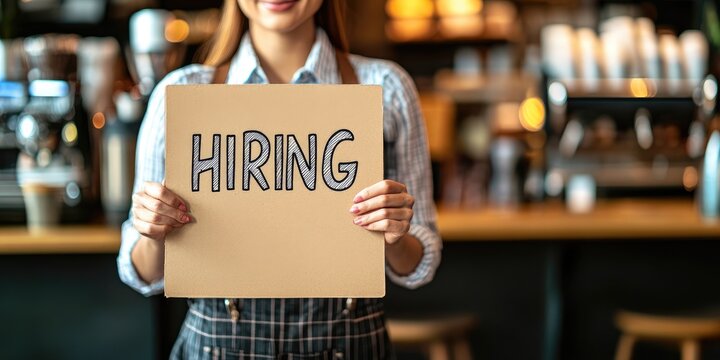 A woman holding a sign that says "Hiring" in a restaurant
