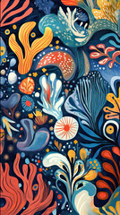 Colorful abstract patterns inspired by beach flora and fauna, featuring vibrant shapes and lively