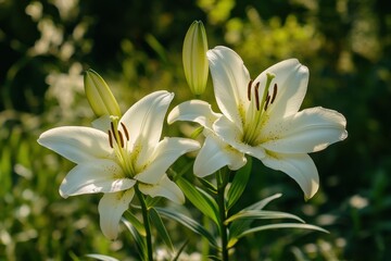 Obraz premium Close up of two white lilies in a summer garden featuring floral wallpaper with a green backdrop