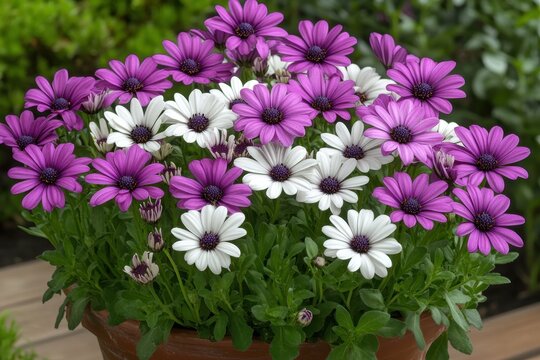 Close up of purple and white osteospermum jucundum in a garden