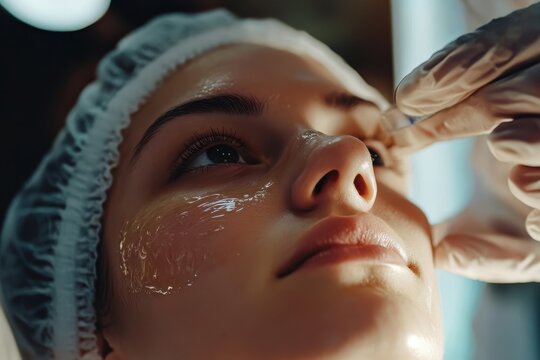 Closeup of young woman undergoing facial peeling at salon