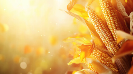 Close up of corn kernels on cob with warm, golden background