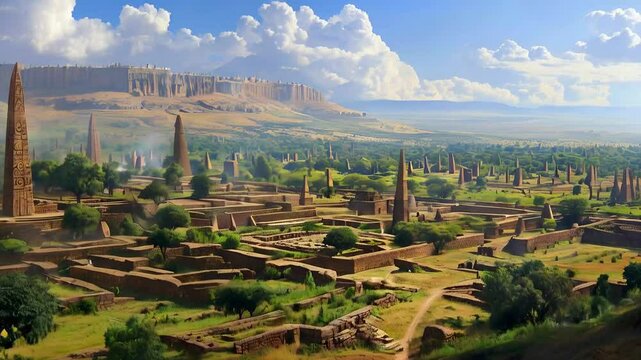 Ancient Ethiopia (Aksumite Empire): A sweeping view of Aksum, with stone obelisks, stelae fields, palaces, and a hilly landscape dotted with trees.