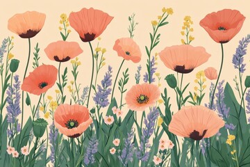 Endless trendy floral pattern featuring summer poppies and wildflowers