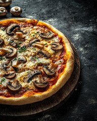 mushroom pizza on dark background. health-conscious alternative with sustainable, environmentally friendly ingredients.