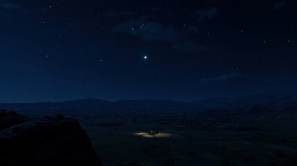 Fototapeta premium A lone house with a light on illuminates the dark landscape below a vast starry sky.
