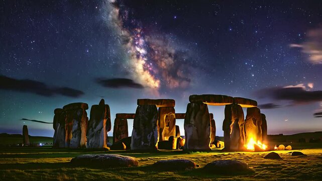 Stonehenge Under a Starry Sky: A wide shot of Stonehenge, illuminated by moonlight, with the Milky Way visible in the background and ancient bonfires burning in the distance.