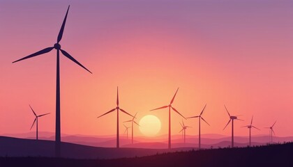 Fototapeta premium Stunning sunset over wind turbines on a hill with a colorful sky 