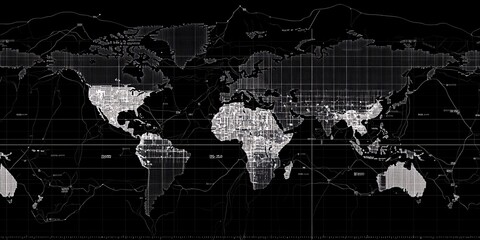 Fototapeta premium Monochrome background with world map and stock market data overlays.
