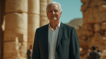 Distinguished senior politician posing against ancient architecture for professional use