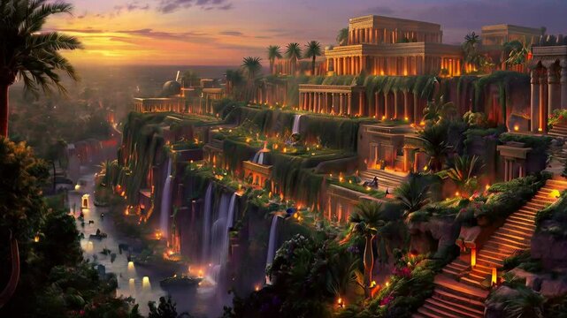 Babylonian Gardens at Twilight: A view from a distant hill, showing the Hanging Gardens of Babylon