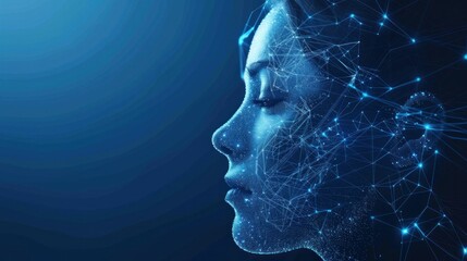 Obraz premium futuristic digital profile, technology art, abstract human face formed by glowing lines and dots on a deep blue background, showcasing innovation and modernity