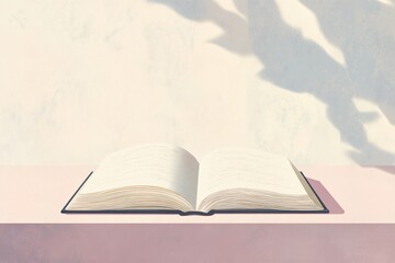 A Minimalist Open Book Displayed on a Soft Colored Table Surrounded by Gentle Shadows and Natural Light, Evoking a Calm and Serene Reading Environment
