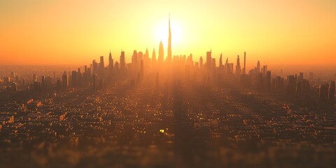 Obraz premium A 3D model of Dubai, showing the city at sunrise. The vibrant city is located in the United Arab Emirates.