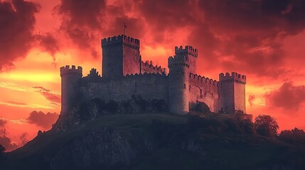 Obraz premium Medieval castle on a hilltop with a red sky and dramatic lighting for a fantasy backdrop