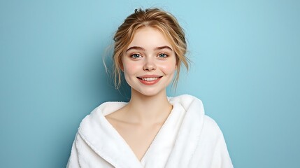 Fototapeta premium Smiling young woman in a cozy robe poses against a blue background for a refreshing look