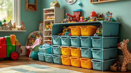 Colorful toy storage in a child's playroom.